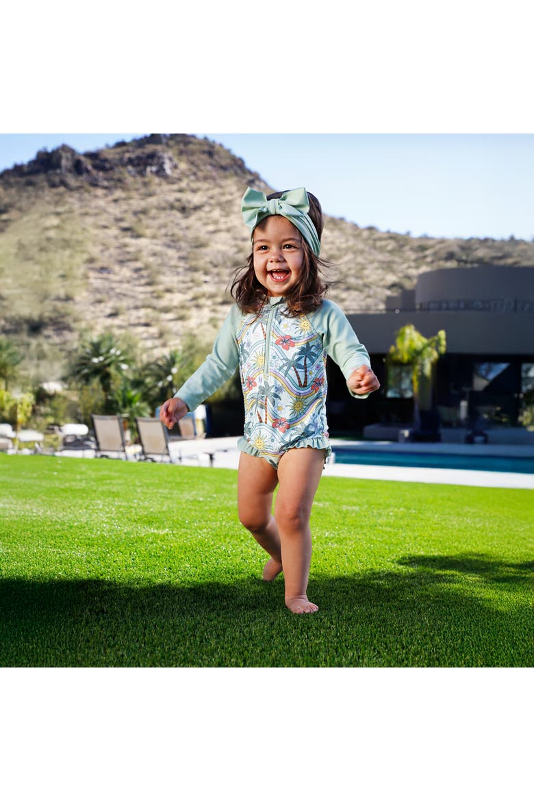 Long Sleeve Ruffle Legged Swim Suit, Alternate, color, Retro Island