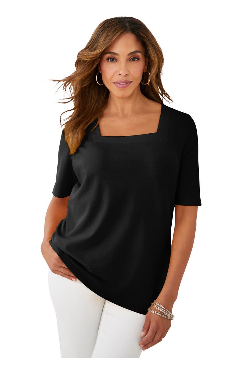 Jessica London Stretch Cotton Square Neck Tee, Main, color, Black