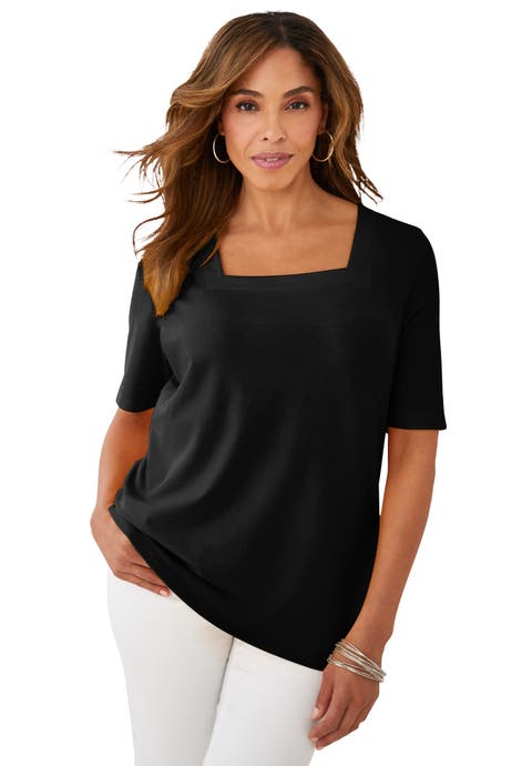 Stretch Cotton Square Neck Tee (Plus)