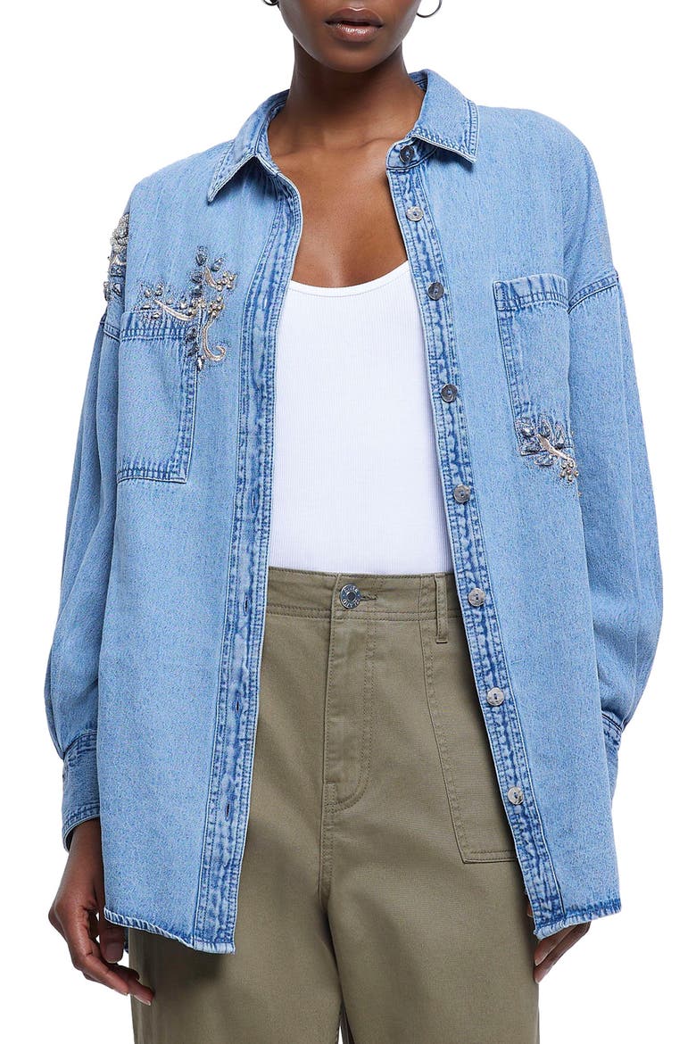 Embellished Denim Button-Up Shirt, Main, color, BLUE