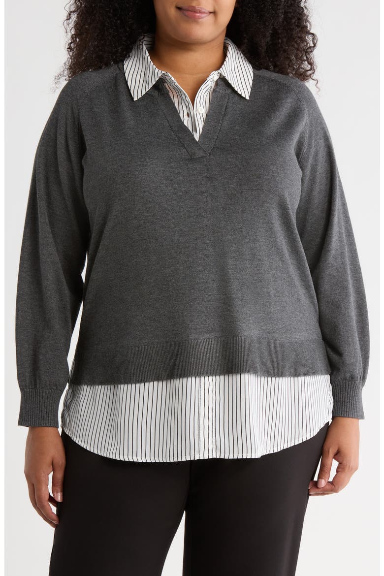 V-Neck Twofer Sweater, Main, color, H. GRAPHITE W/ IV/ BL MINI ST
