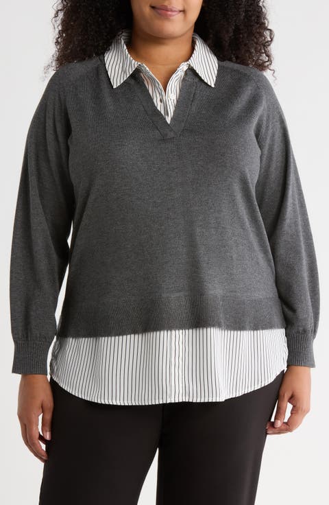 V-Neck Twofer Sweater (Plus)