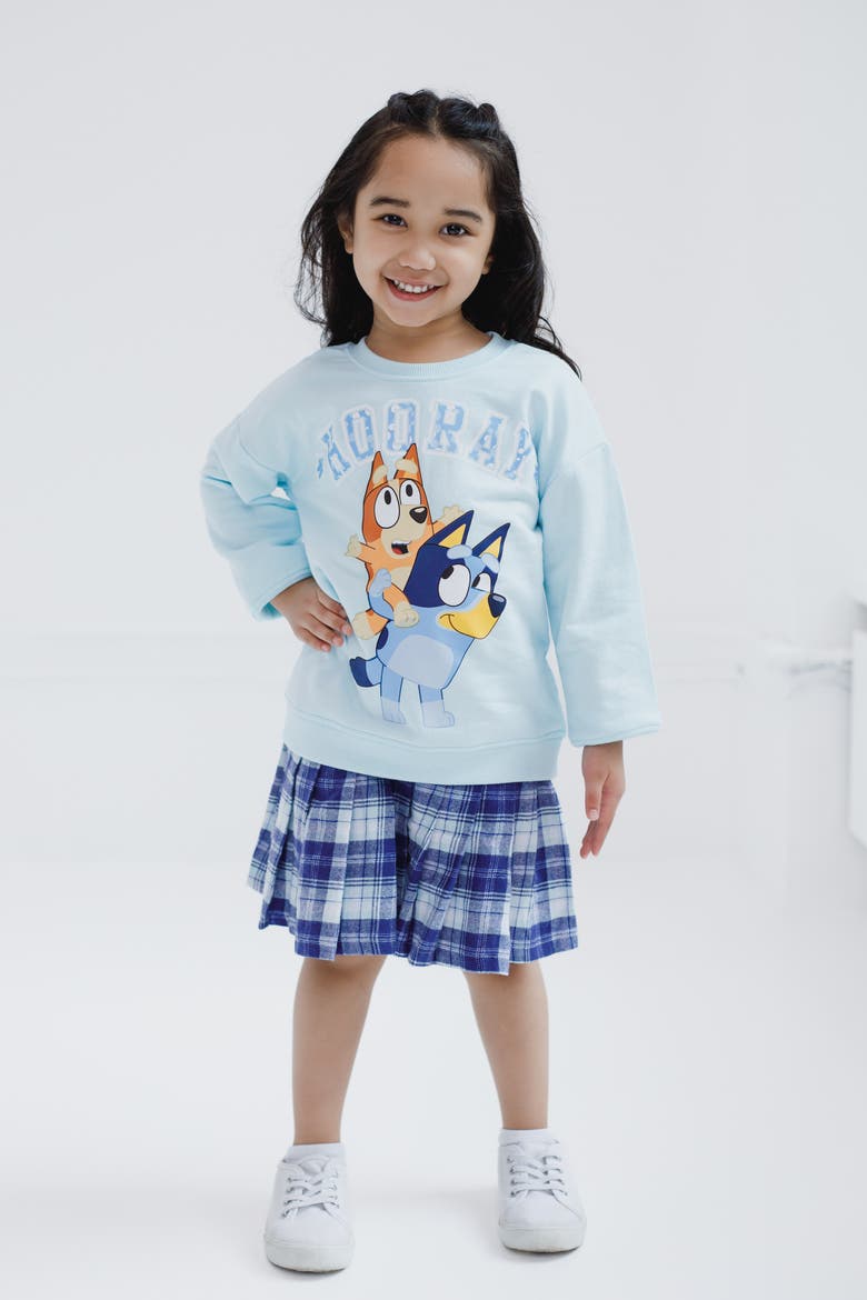 Fleece Sweatshirt and Plaid Pleated Skirt Set, Alternate, color, Bluey Bingo Light Blue