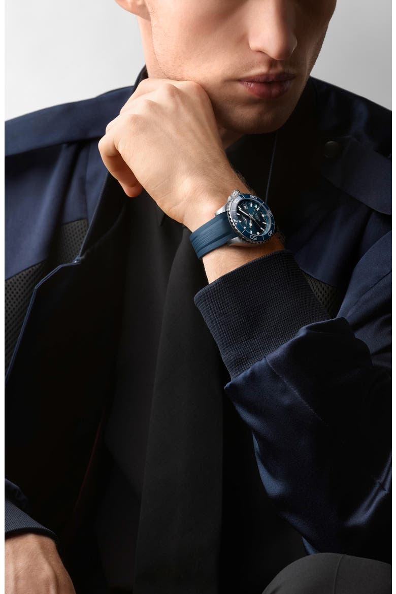 HydroConquest GMT Automatic Rubber Strap Watch, 41mm, Alternate, color, BLUE