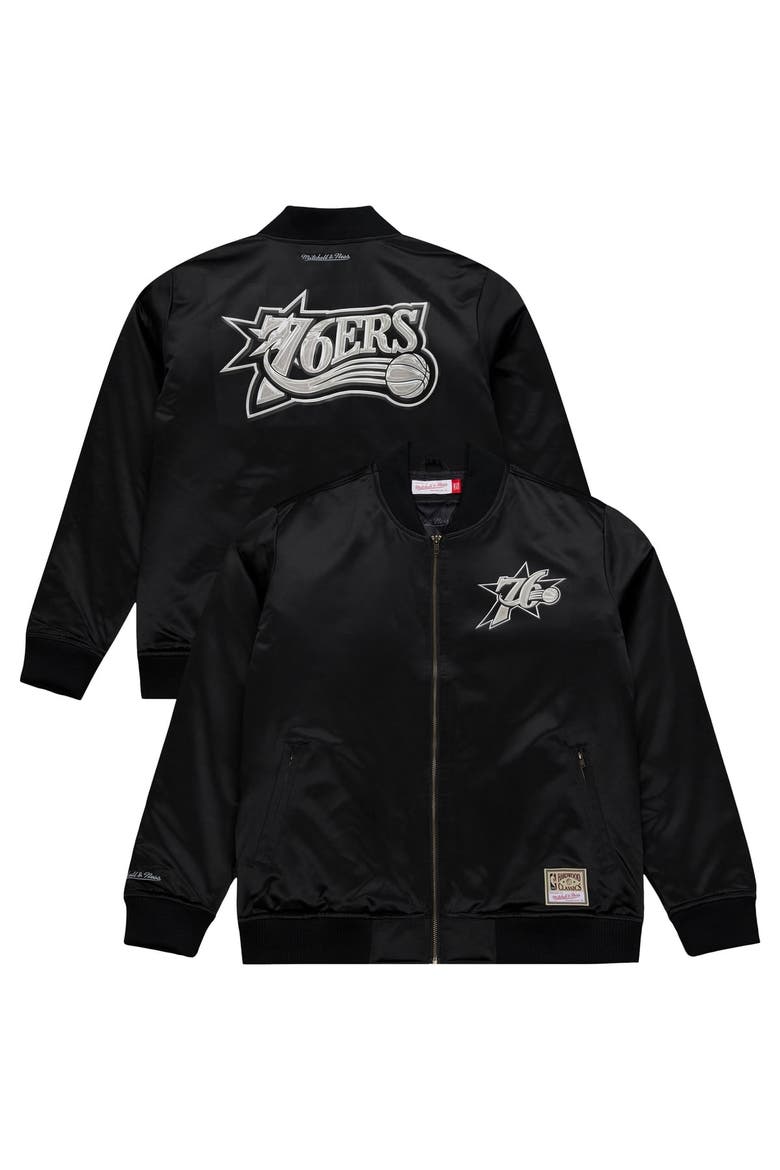 Men's Mitchell & Ness Black Philadelphia 76ers Chrome Satin Bomber Full-Zip Jacket, Main, color, Black