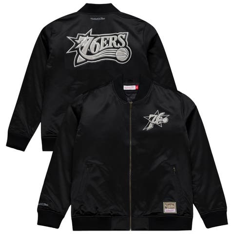 Men's Mitchell & Ness Black Philadelphia 76ers Chrome Satin Bomber Full-Zip Jacket