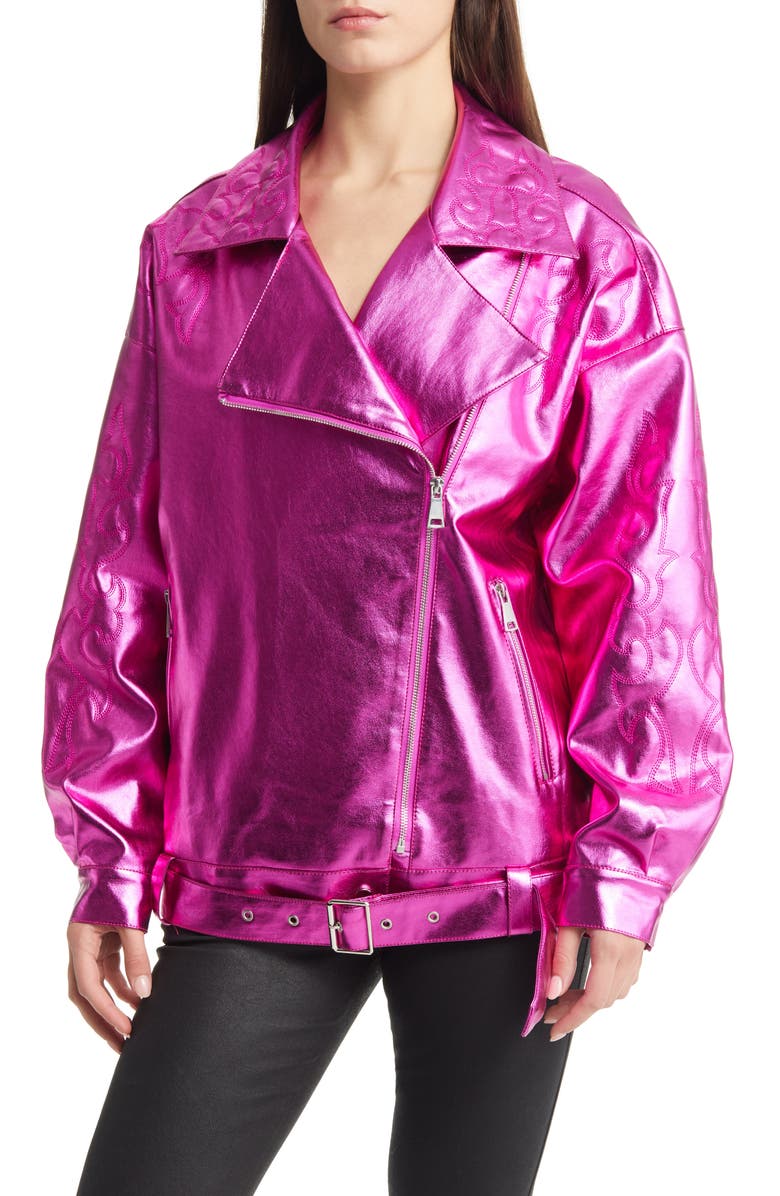 AZALEA WANG Metallic Faux Leather Moto Jacket, Alternate, color, Fuchsia