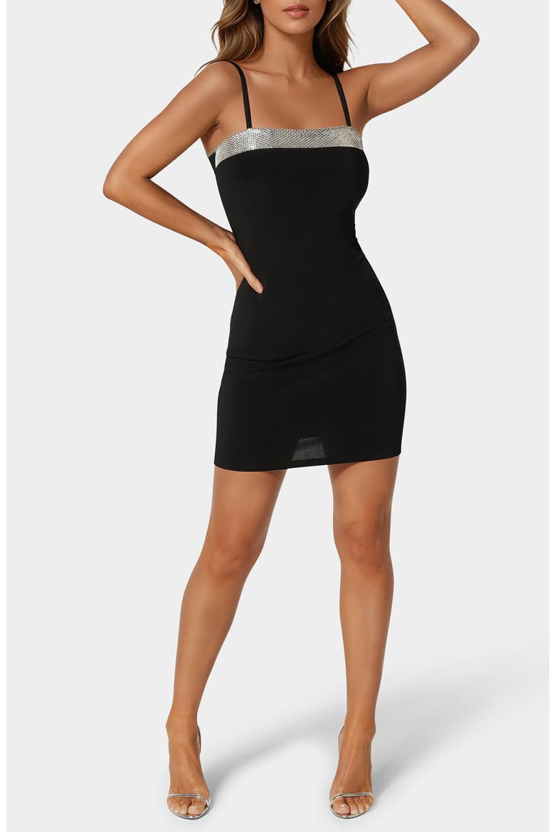 Rhinestone Trim Stretch Jersey Minidress, Main, color, BLACK