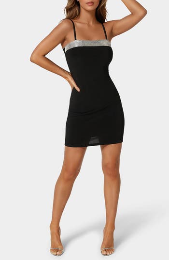 Bebe Rhinestone Trim Stretch Jersey Minidress In Black