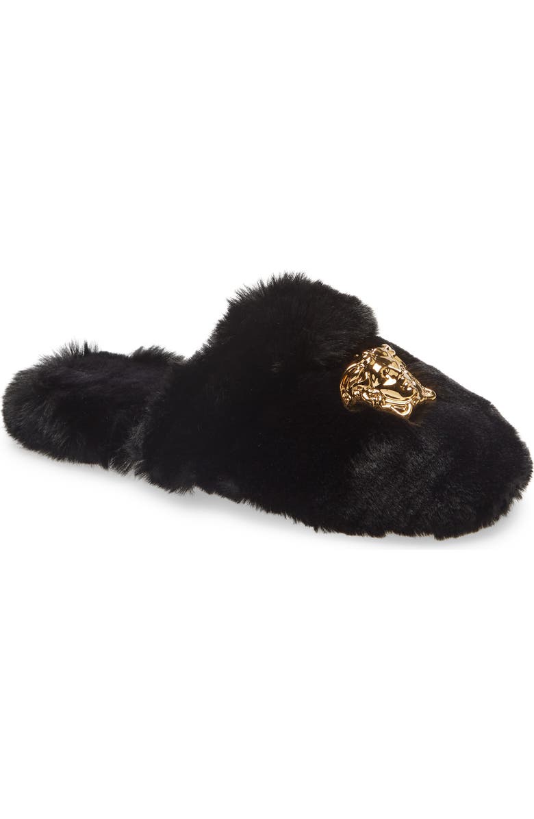 Versace Logomania Faux Fur Slipper, Main, color,