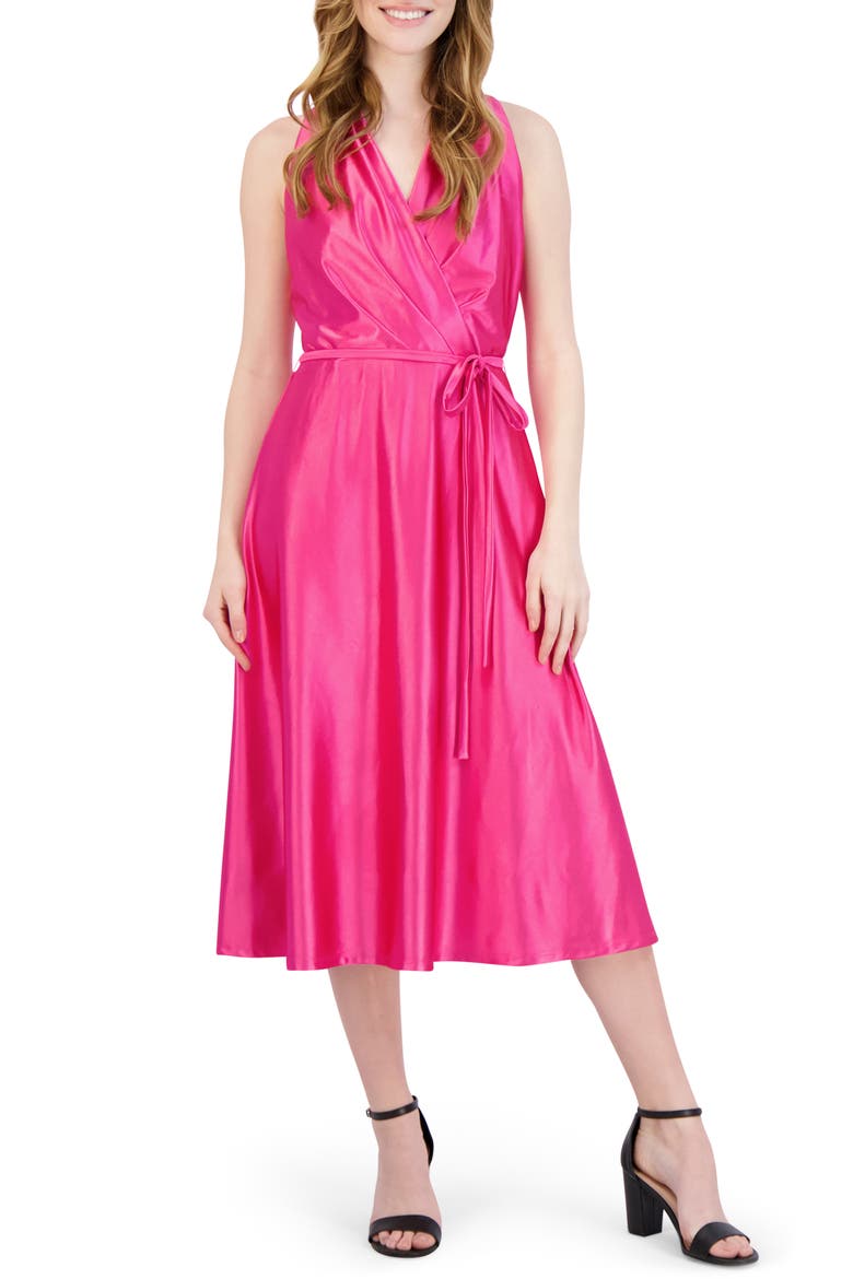 Halter Neck Satin Faux Wrap Midi Dress, Main, color, PINK