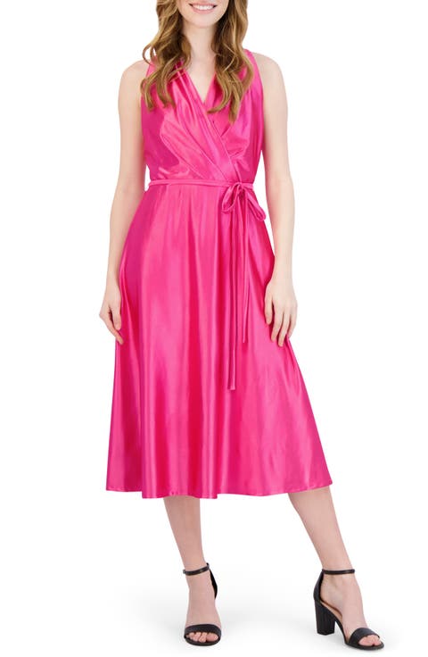 Halter Neck Satin Faux Wrap Midi Dress