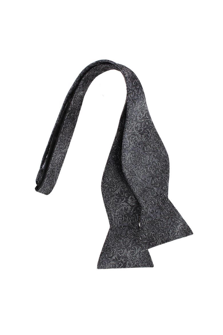 Esteban Scrolling Vines Tone on Tone Patterned Silk Self Tie Bow Tie, Alternate, color, Silver and Black