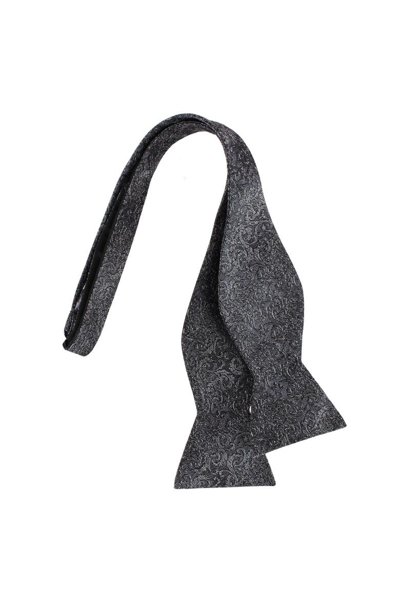 Trafalgar Esteban Scrolling Vines Tone on Ton Patterned Silk Self Tie Bow Tie, Alternate, color, Silver And Black
