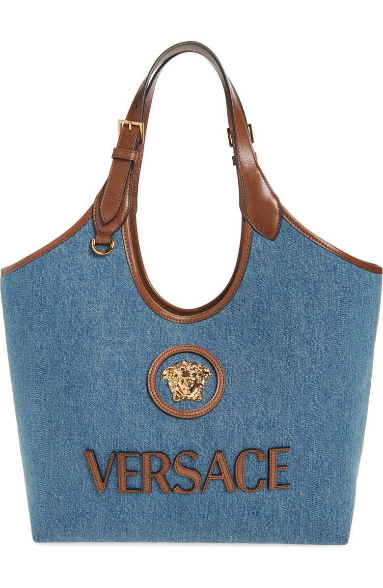 Versace Medium La Medusa Denim Tote, Main, color, Denim Brown Gold