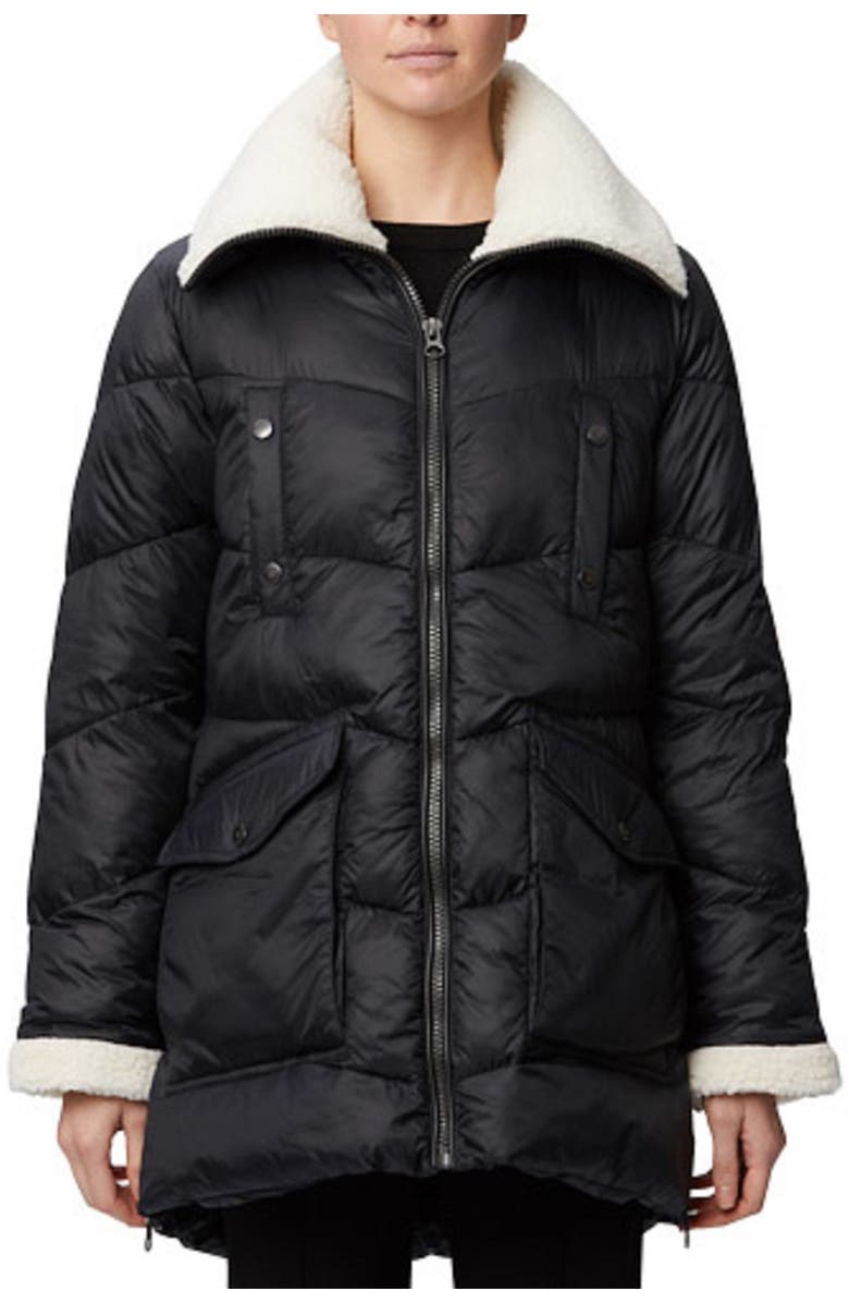 Rainforest Recycled Nylon Cire Quilted Faux Shearling Trim Thermoluxe Puffer Jacket, Main, color, 