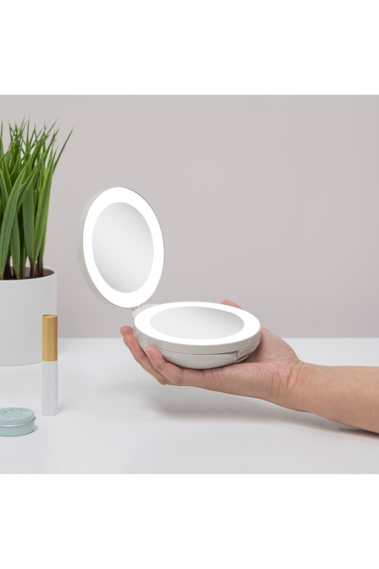 Lighted Travel Mirror with Magnification & Folding-to-Compact, Alternate, color, Taupe