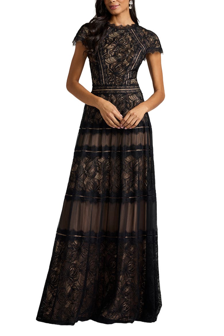 Lace A-Line Gown, Main, color, BLACK/ NUDE