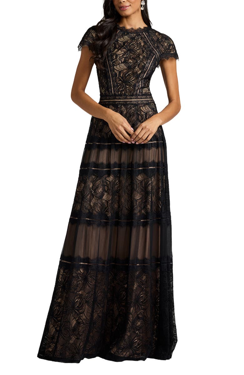 Tadashi Shoji Lace A-Line Gown, Main, color, Black/ Nude