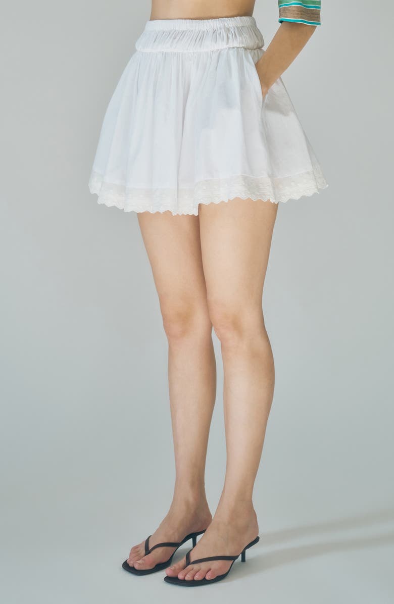 MAUDE CLUB Austin Embroidered Hem Cotton Miniskirt, Alternate, color, White
