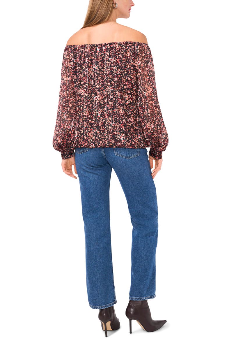 Floral Metallic Stripe Off the Shoulder Top, Alternate, color, RICH BLACK