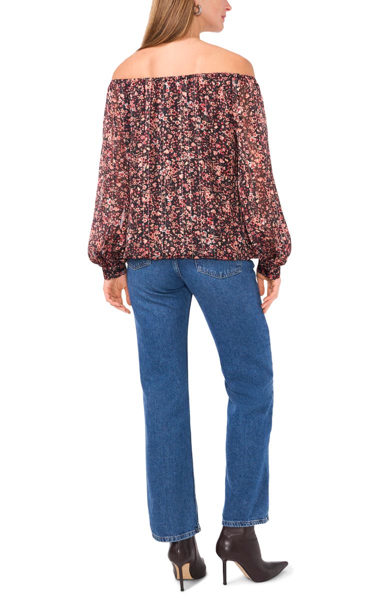 Vince Camuto Floral Metallic Stripe Off the Shoulder Top, Alternate, color, Rich Black