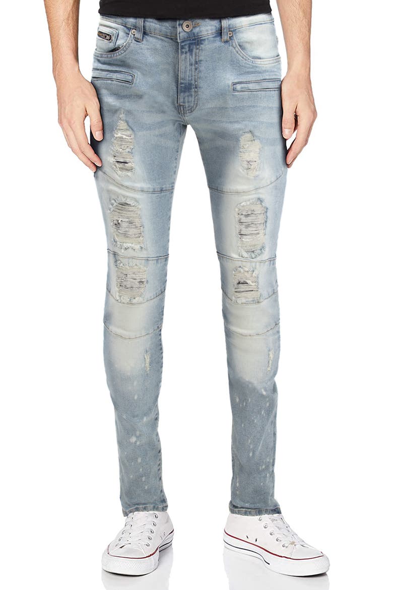 Raw X Moto Rip & Repair Stretch Skinny Jeans, Main, color, LIGHT DENIM
