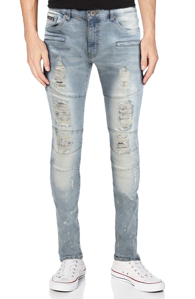 XRAY Raw X Moto Rip & Repair Stretch Skinny Jeans, Main, color, Light Denim