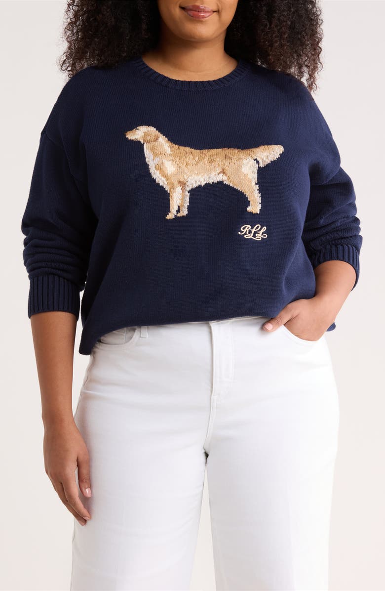 Lauren Ralph Lauren Dog Graphic Cotton Sweater, Main, color, Refined Navy Blue/ Multi