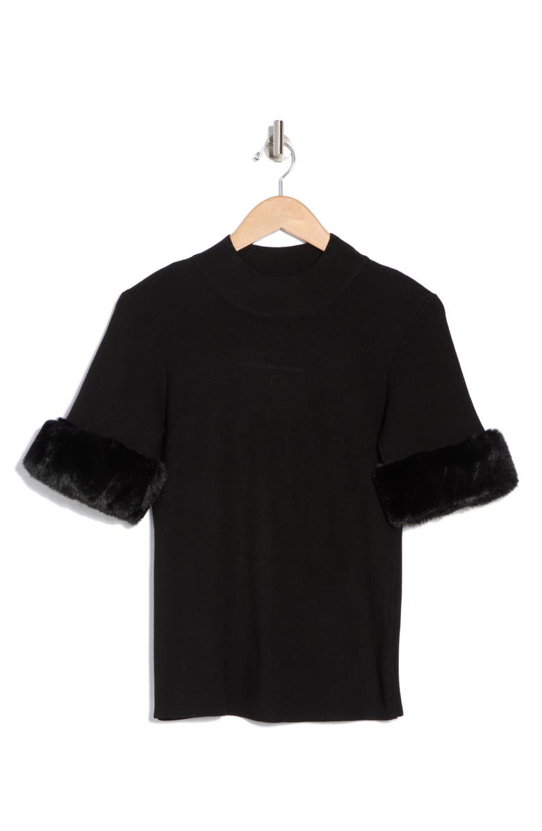 T Tahari Faux Fur Elbow Sleeve Top, Alternate, color, Black