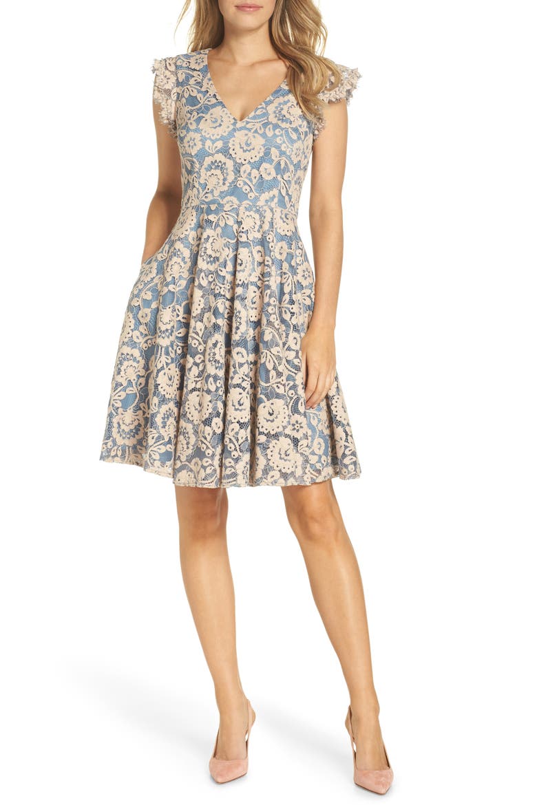 Lace Fit & Flare Dress, Main, color, TAUPE