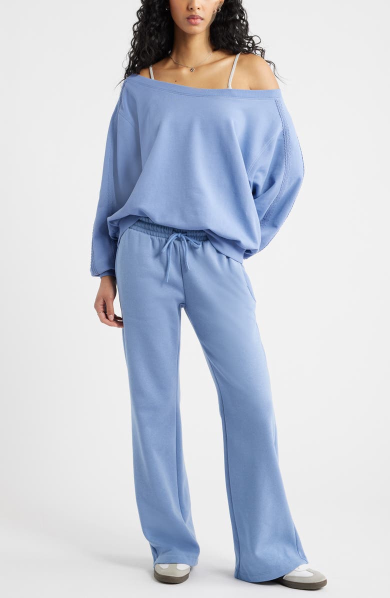 BP. Lace Trim Off the Shoulder Cotton Blend Sweatshirt, Alternate, color, Blue Frost