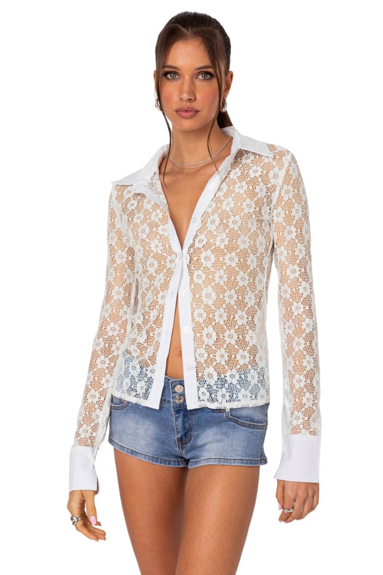 Cecilia Sheer Lace Button-Up Top, Alternate, color, WHITE