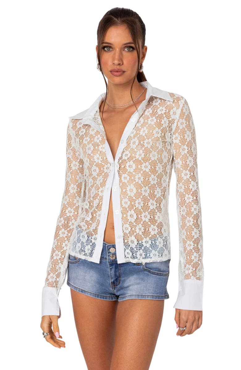 EDIKTED Cecilia Sheer Lace Button-Up Top, Alternate, color, White