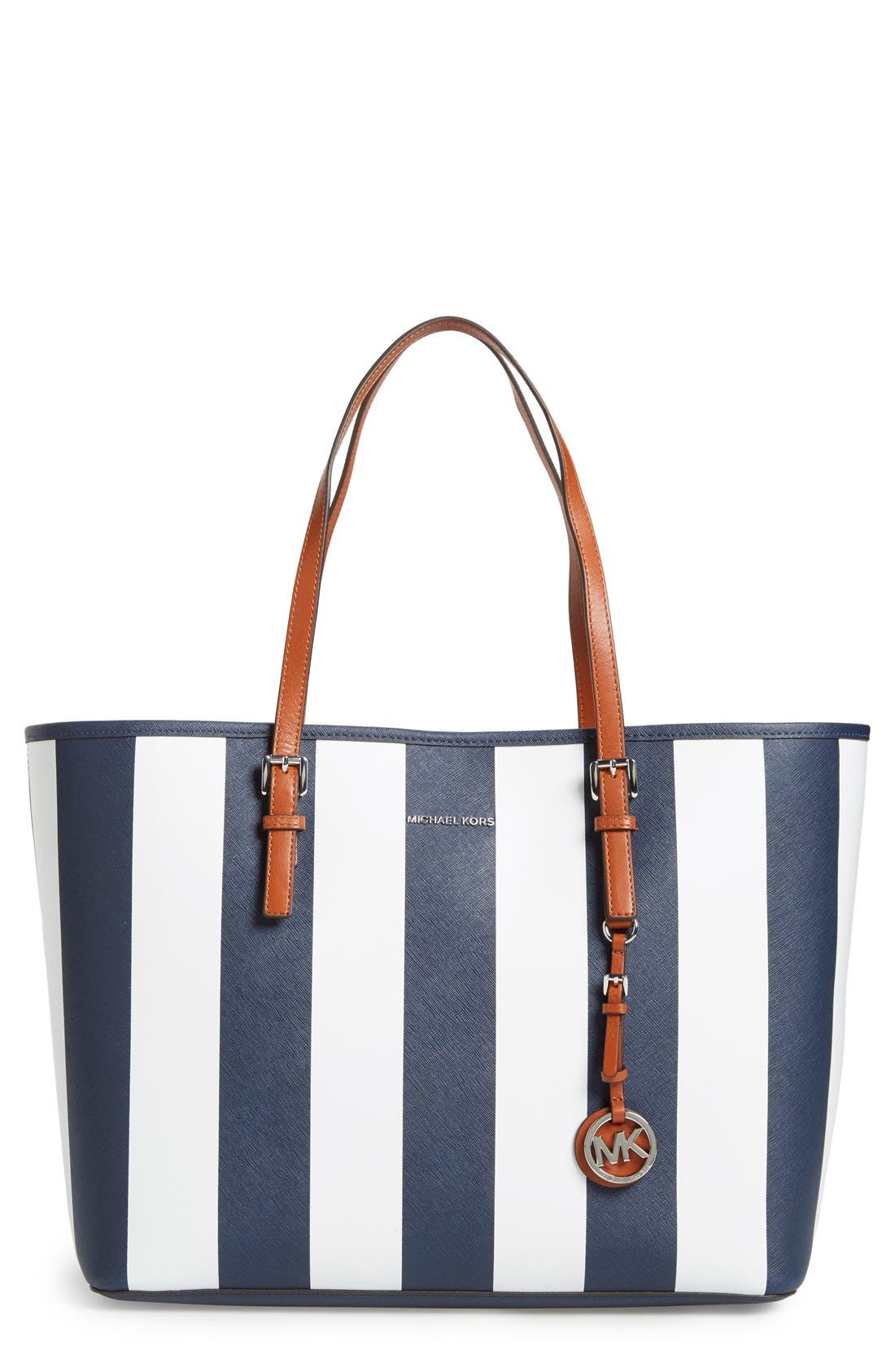MICHAEL Michael Kors 'Medium Jet Set - Stripe' Leather Travel Tote, Main, color, 