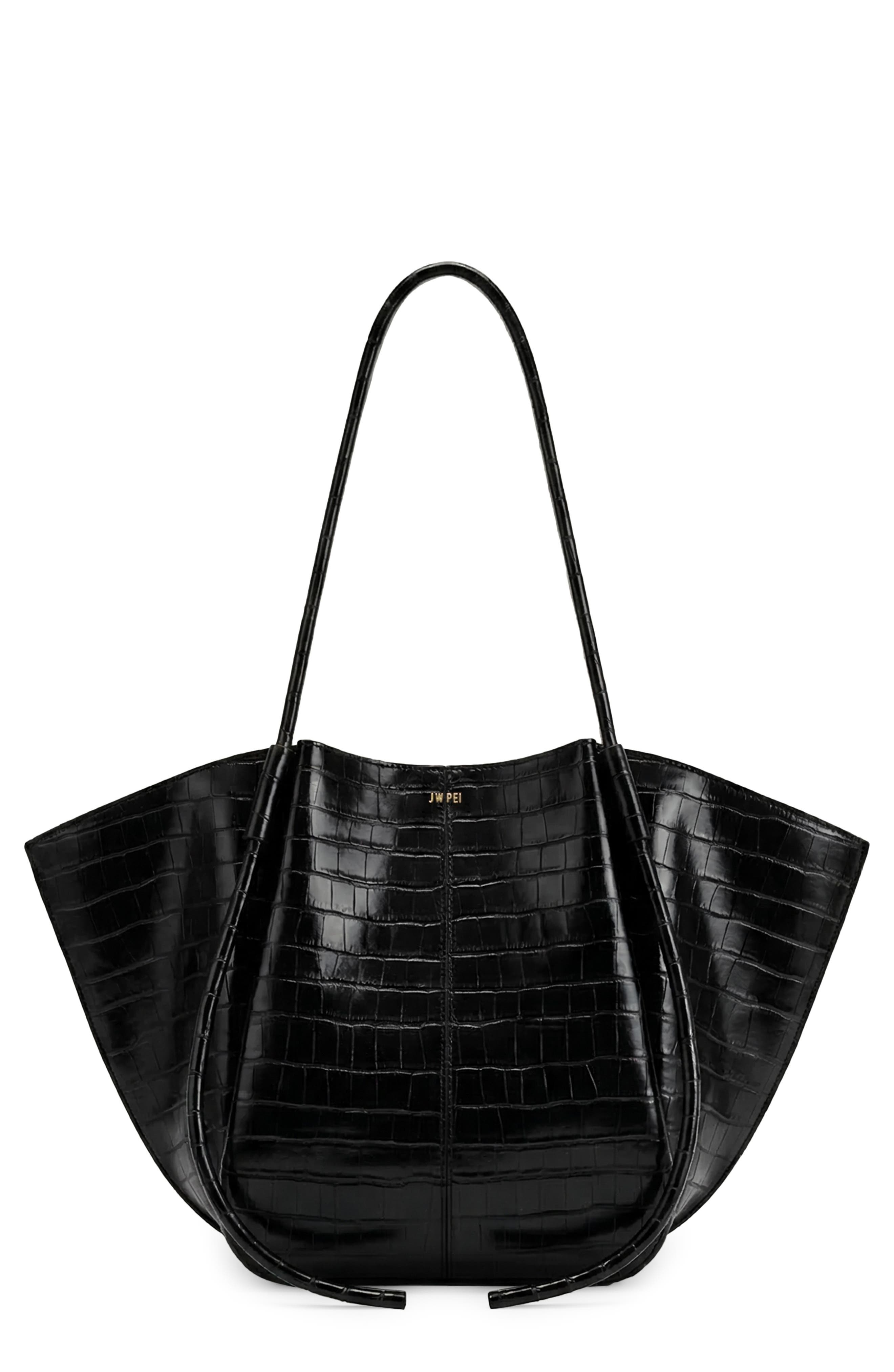 Nala Croc Embossed Faux Leather Wide Tote, Main, color, BLACK CROC
