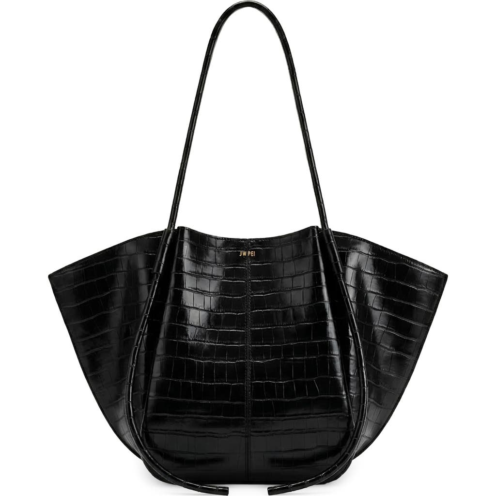 JW PEI Nala Croc Embossed Faux Leather Wide Tote in Black Croc at Nordstrom