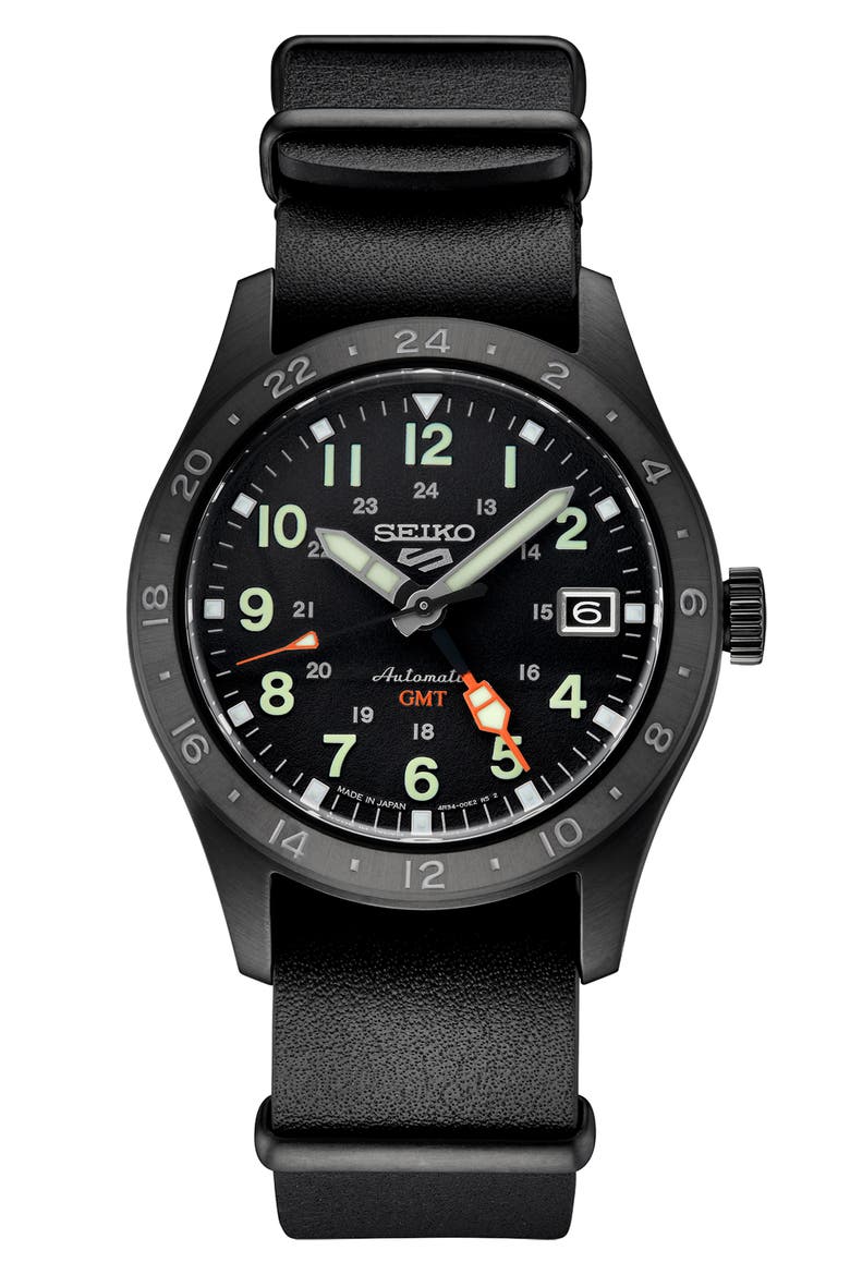 5 Sports GMT Automatic Leather Strap Watch, 39mm, Main, color, BLACK