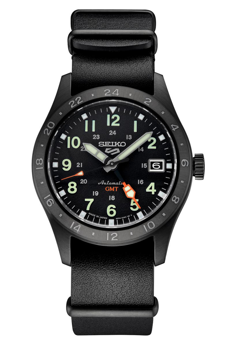 SEIKO WATCHES 5 Sports Leather Strap Watch, 39mm, Main, color, Black