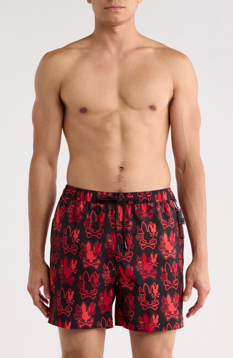 Psycho Bunny Olden Print Swim Shorts, Main, color, Black