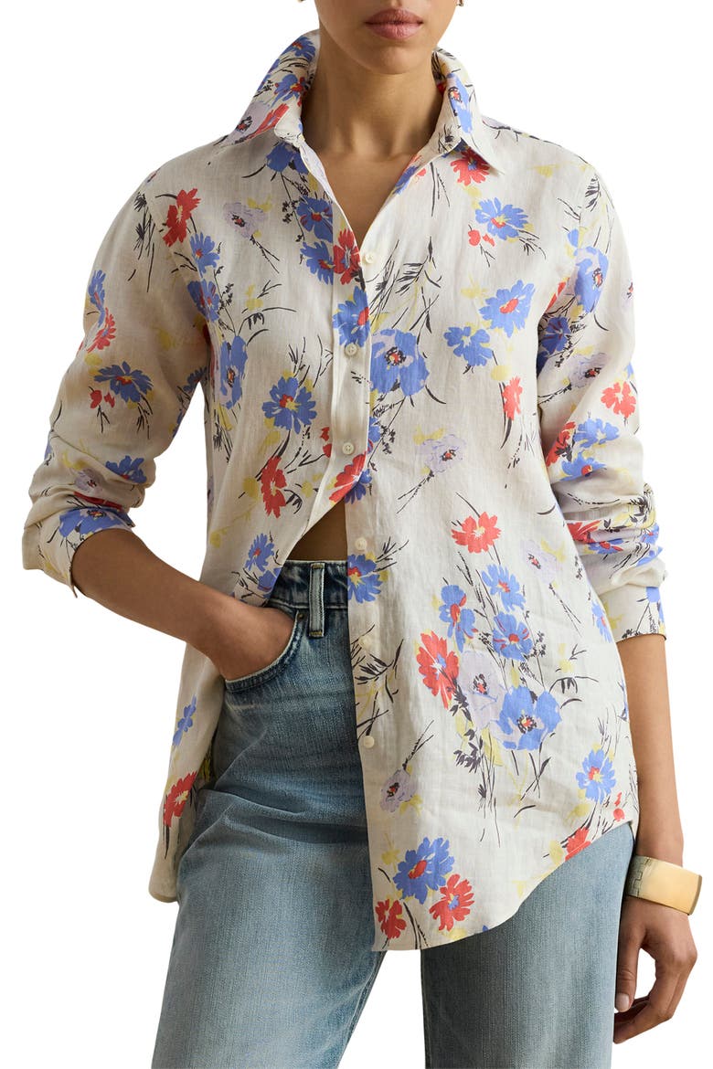 Relaxed Fit Floral Linen Shirt, Main, color, CREAM MULTI