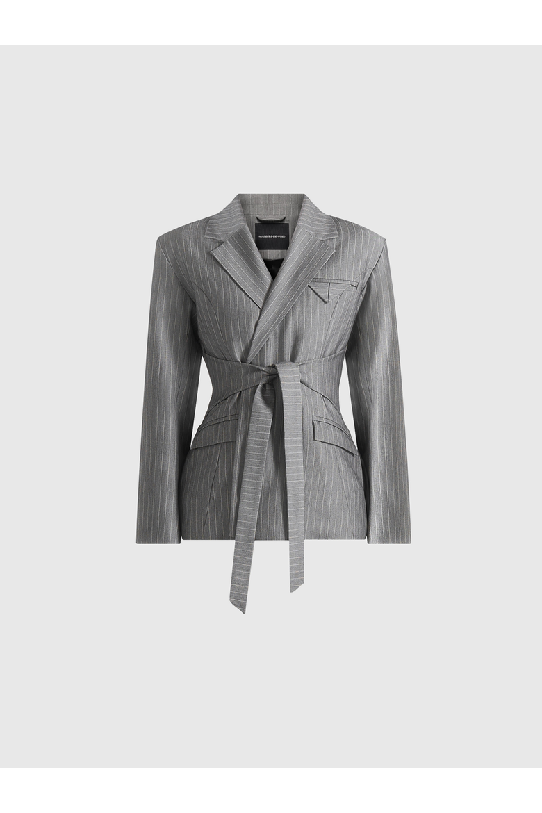 Delphine Pinstripe Wrap Tie Blazer, Alternate, color, Grey