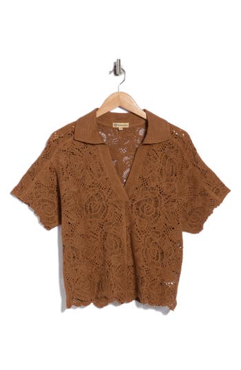 Democracy Short Sleeve Open Stitch Polo In Candied Walnut