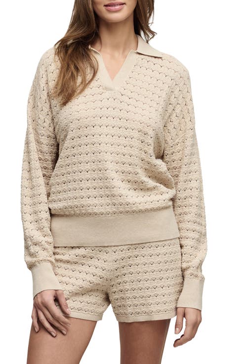 Heathered Cotton Tulip Pointelle Collared Pullover
