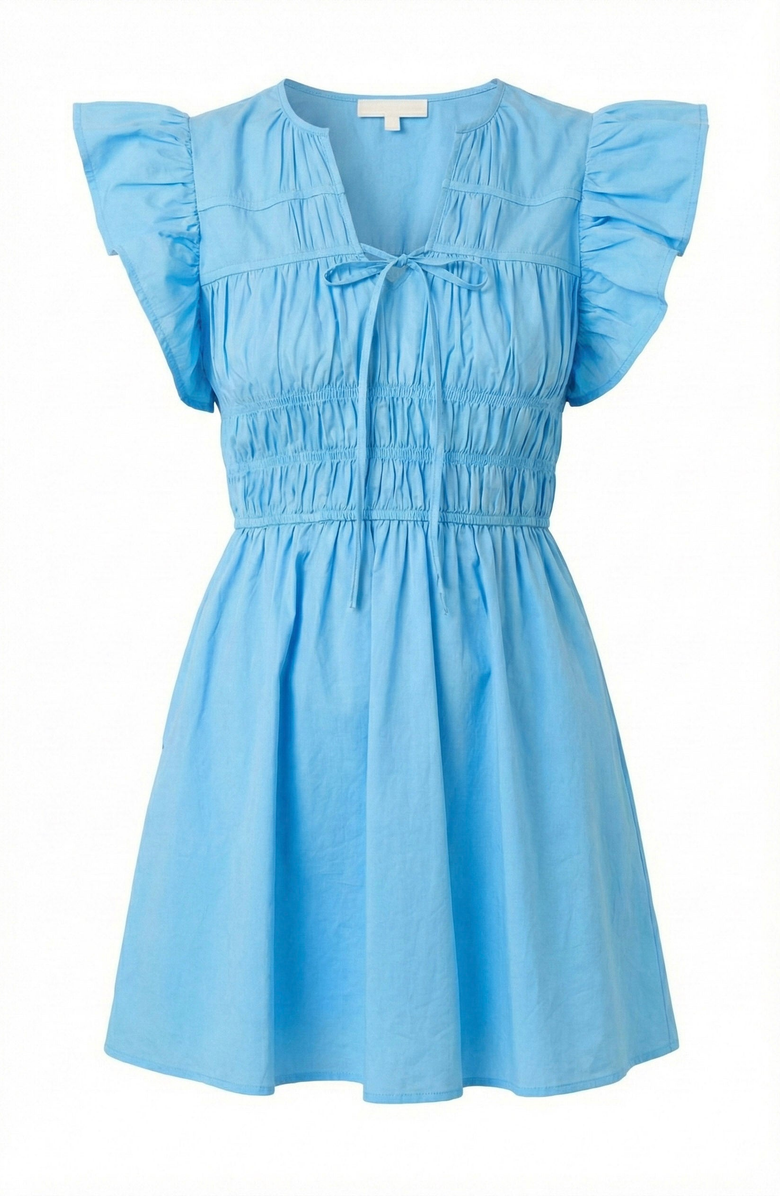 Modenaire Smocked Mini Dress with Ruffle Sleeves and Front Tie Detail, Alternate, color, Blue