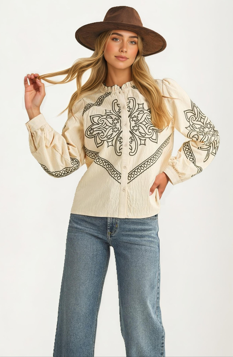 Embroidered Western Button-Up Blouse