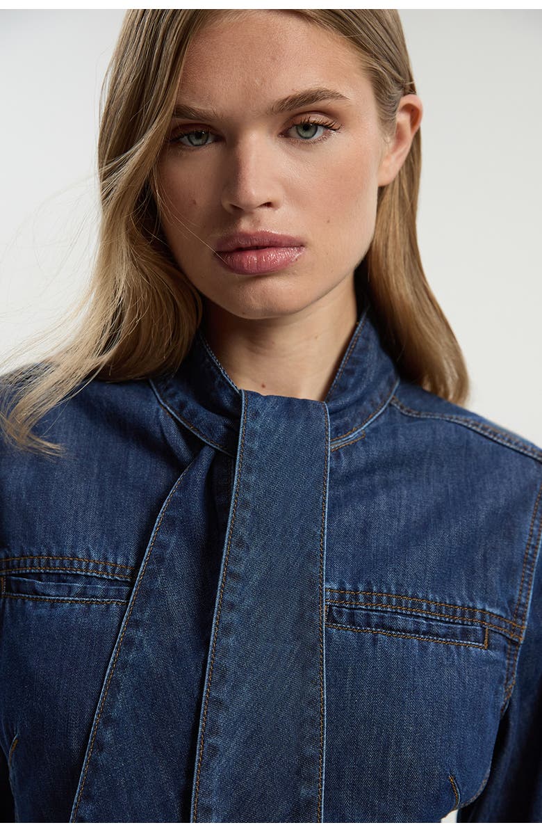 Karen Millen Denim Pussybow Blouse, Alternate, color, Mid Blue