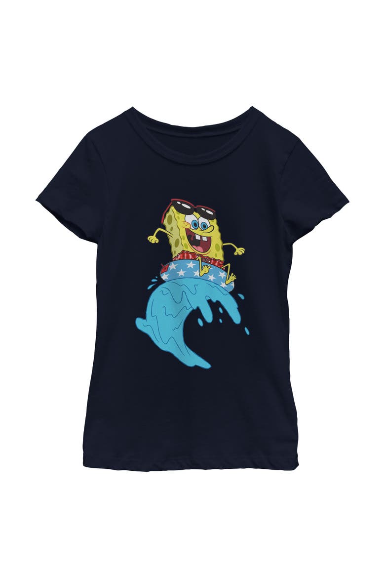 Girl's SpongeBob SquarePants Cool Surfing Waves  Graphic T-Shirt, Main, color, Navy Blue