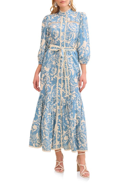 Avec Les Filles Floral Print Long Sleeve Cotton Poplin Dress In Blue Vintage Floral