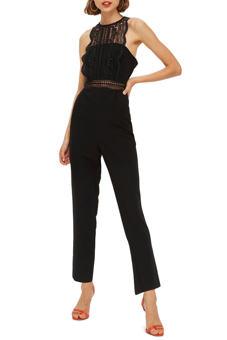Saskia Lace Trim Jumpsuit, Main, color, BLACK